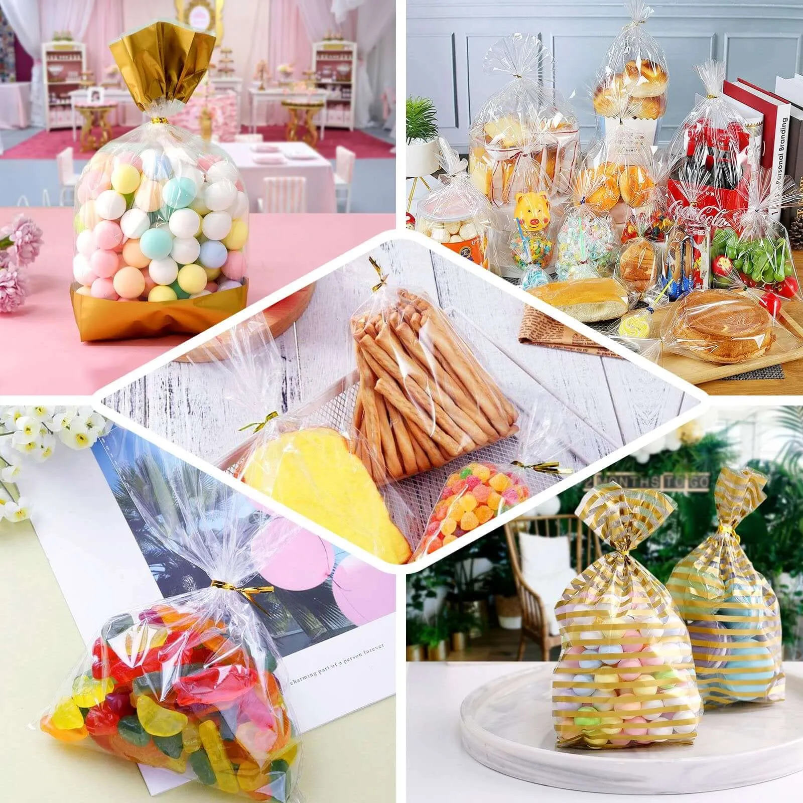 100 Pcs 4"x9" Clear Silver Gift Goodie Candy Treat Bags and Twist Ties