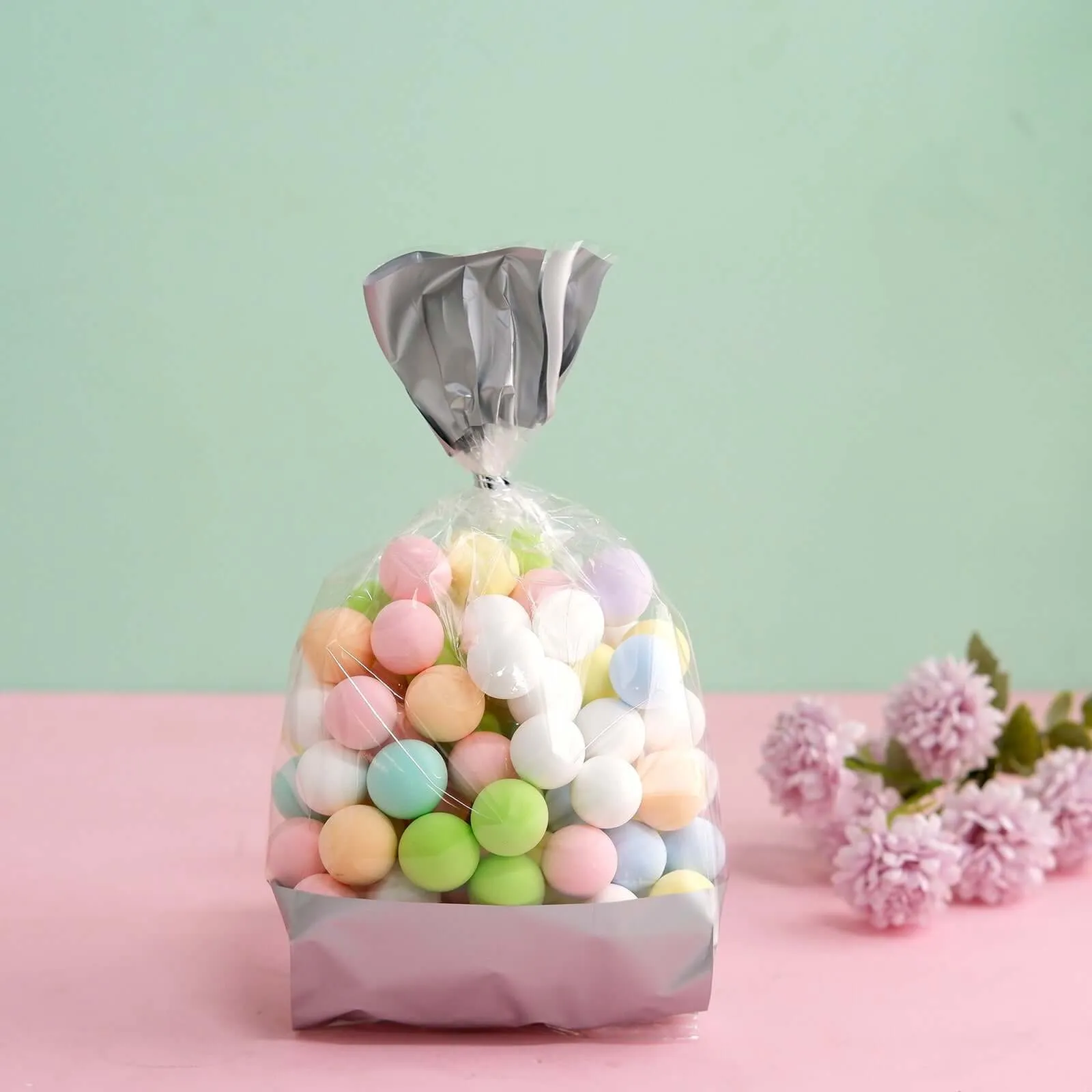 100 Pcs 4"x9" Clear Silver Gift Goodie Candy Treat Bags and Twist Ties