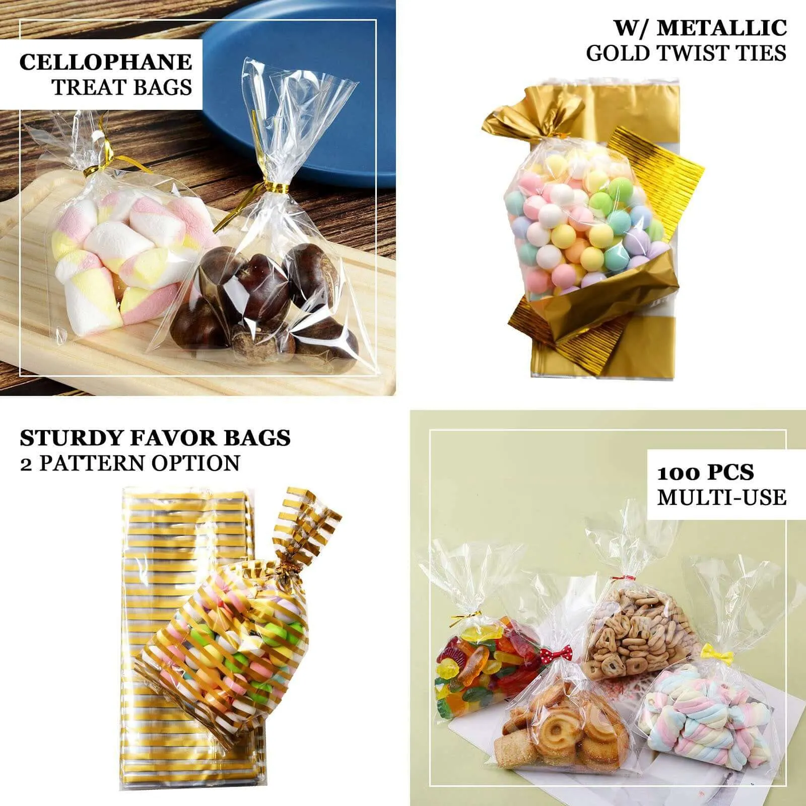 100 Pcs 4"x9" Clear Silver Gift Goodie Candy Treat Bags and Twist Ties