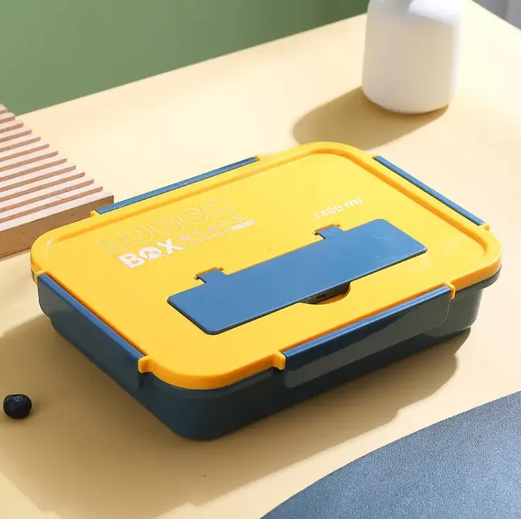 1400Ml 4 Compartments Plastic Food Lunch Box With Spoon And Fork Lid Yl-441 Blue