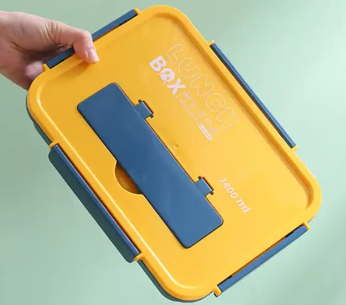 1400Ml 4 Compartments Plastic Food Lunch Box With Spoon And Fork Lid Yl-441 Blue