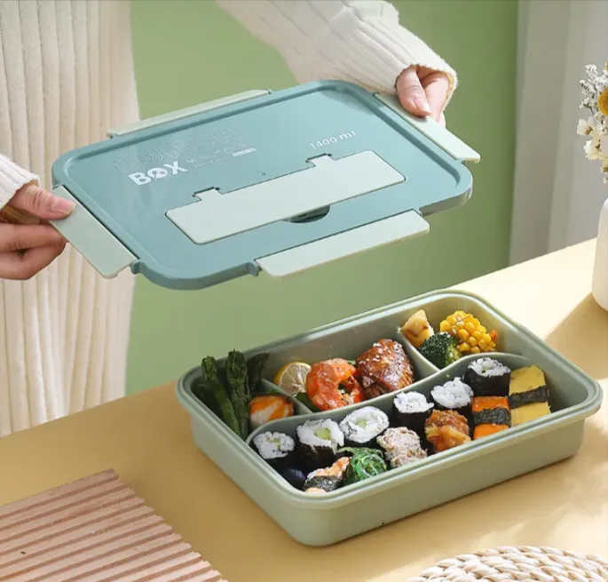 1400Ml 4 Compartments Plastic Food Lunch Box With Spoon And Fork Lid Yl-441 Green