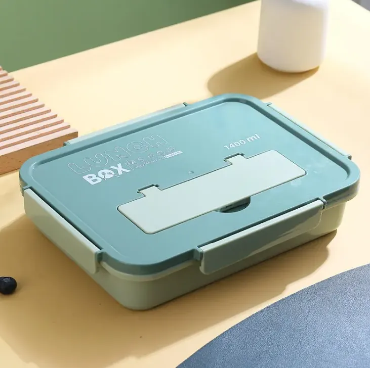 1400Ml 4 Compartments Plastic Food Lunch Box With Spoon And Fork Lid Yl-441 Green