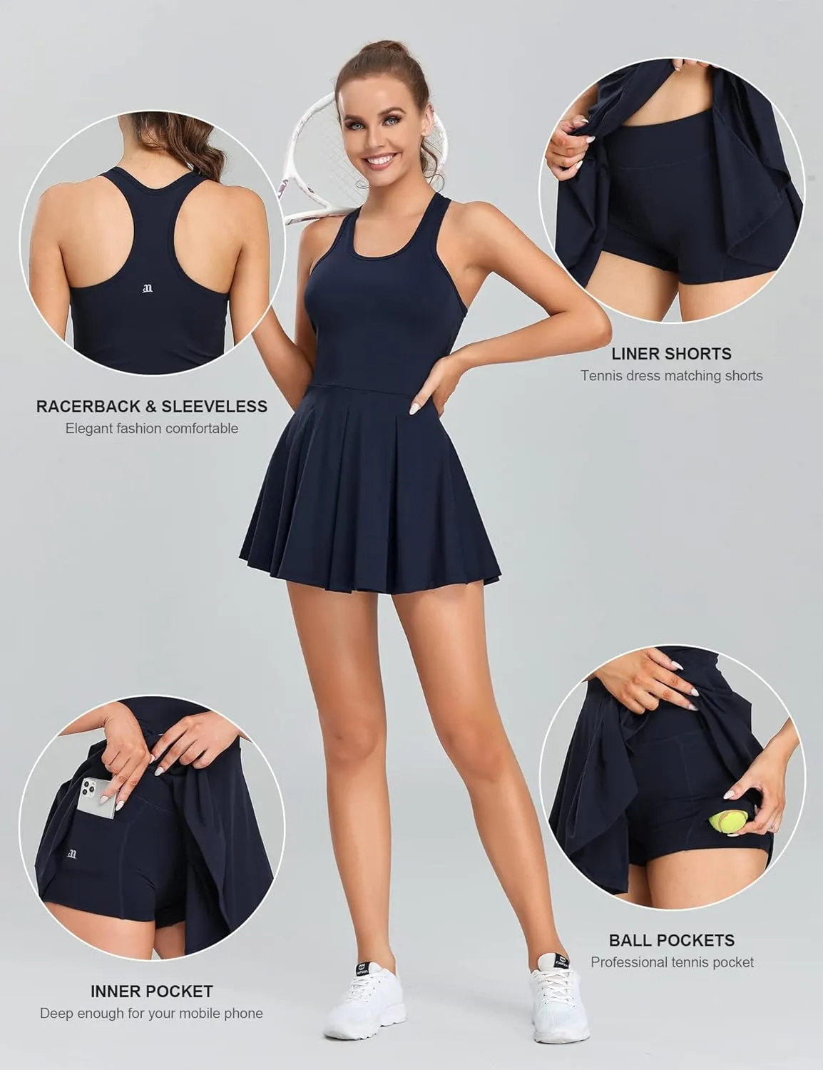 1a1a Womens Tennis Golf Dress with Shorts Pockets Sleeveless Workout Sports Athletic Dresses