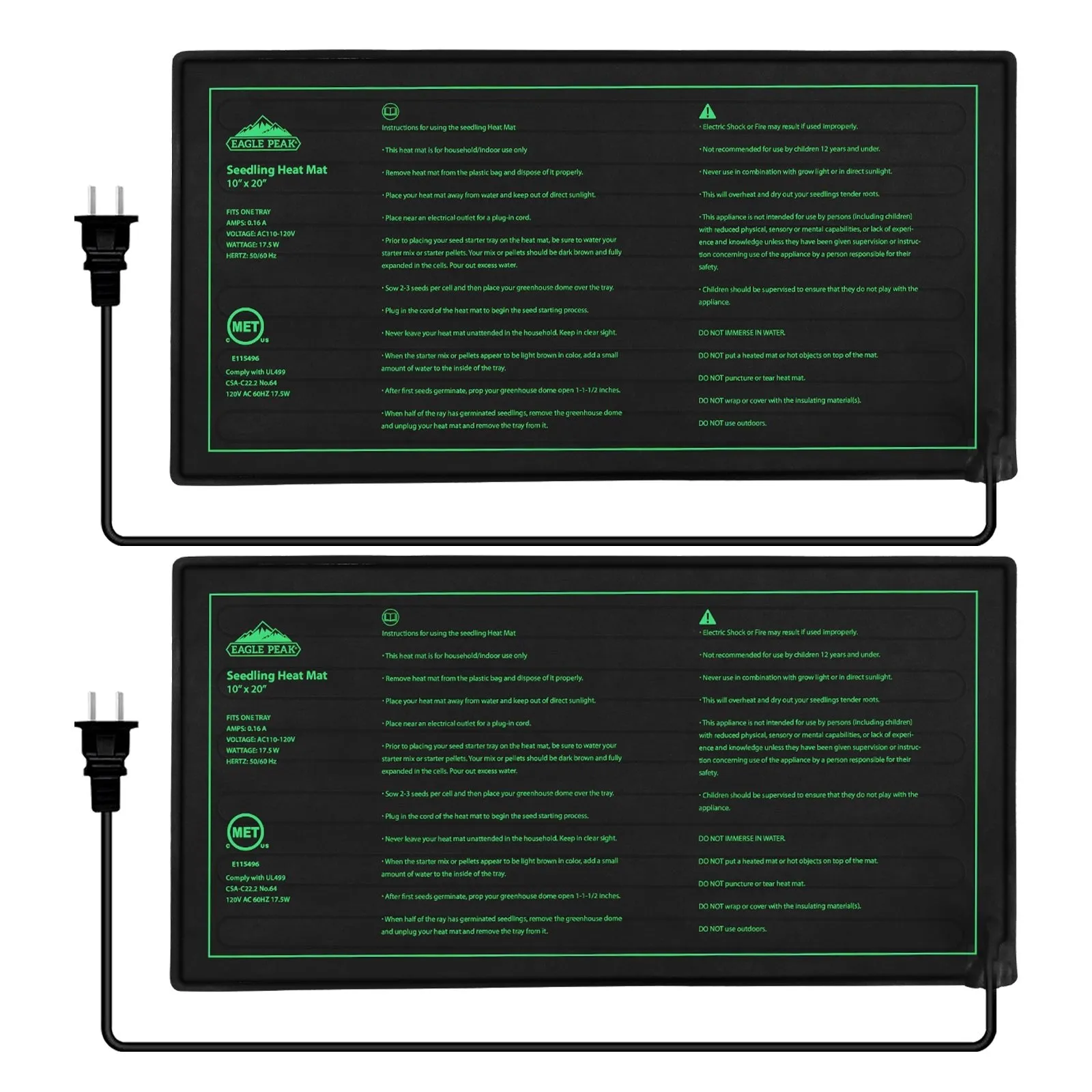 2 Pack Waterproof Seedling Heat Mat 10 x 20, UL & MET-Certified Heating Pad, Contains (2) Warming Mats
