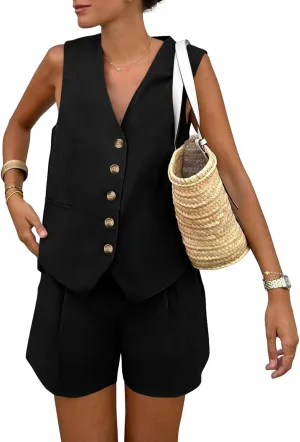 2 Piece Outfits for Women Summer Bussiness Linen Sets Sleeveless V Neck Vest Button Waistcoat and Pockets Shorts