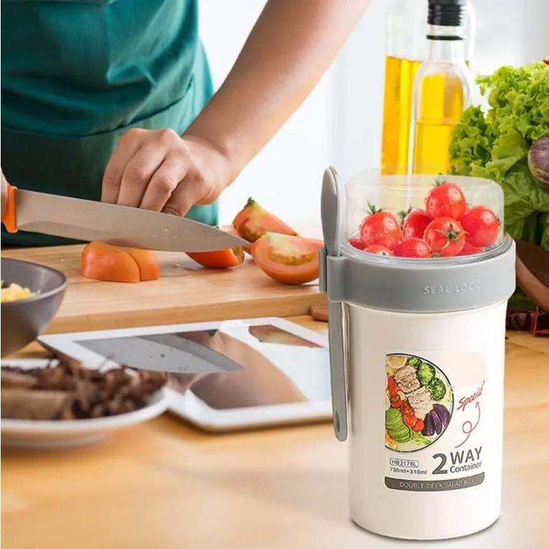 990Ml Double Cup Salad Lunch Container With Fork Yl-376 White