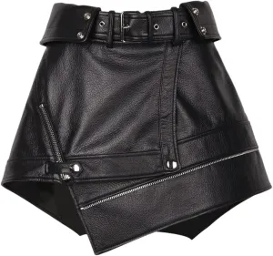A-Line Real Leather Skirt Women Asymmetrical Mini Skirt Black Zipper Vintage Skort