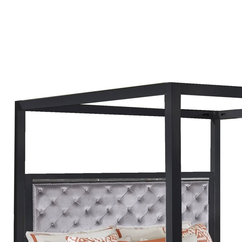 Abrie Solid Wood Canopy Queen Bed, Button Tufted, Touch LED, Dark Gray By Casagear Home