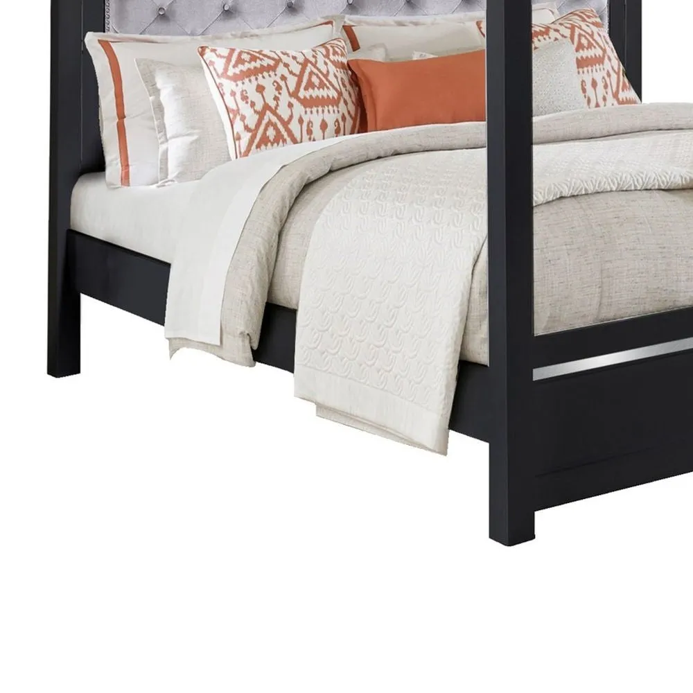 Abrie Solid Wood Canopy Queen Bed, Button Tufted, Touch LED, Dark Gray By Casagear Home
