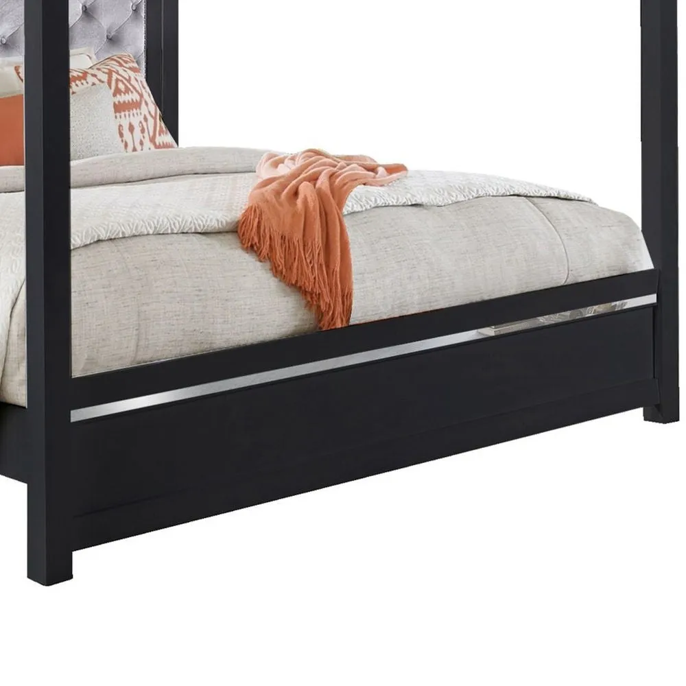 Abrie Solid Wood Canopy Queen Bed, Button Tufted, Touch LED, Dark Gray By Casagear Home