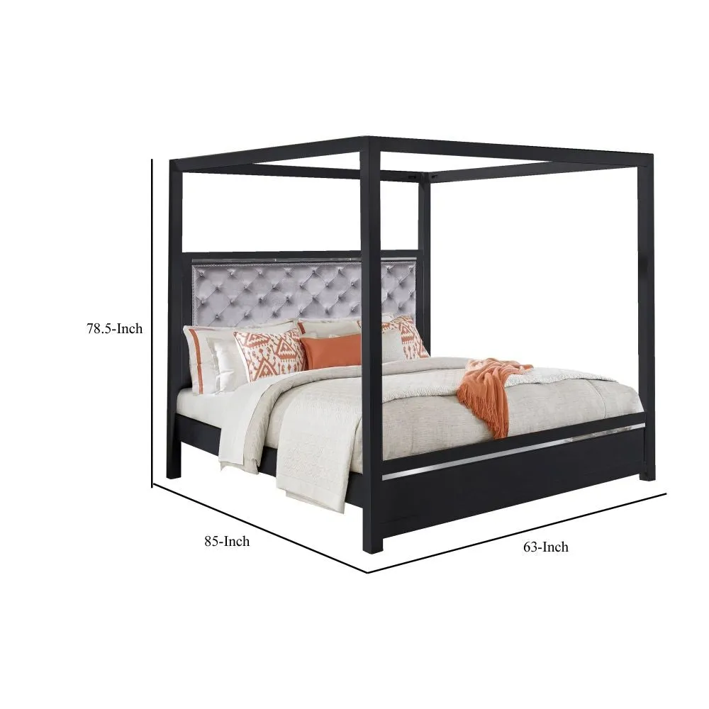 Abrie Solid Wood Canopy Queen Bed, Button Tufted, Touch LED, Dark Gray By Casagear Home