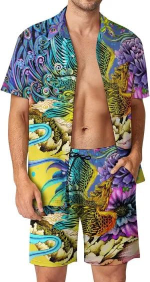 Adugen Origei Ukraine Flag Colorful Phoenixs Casual Beach Suit Summer Beach Shorts 80s 90s Men's Swim Trunks Printed Beach Shorts L