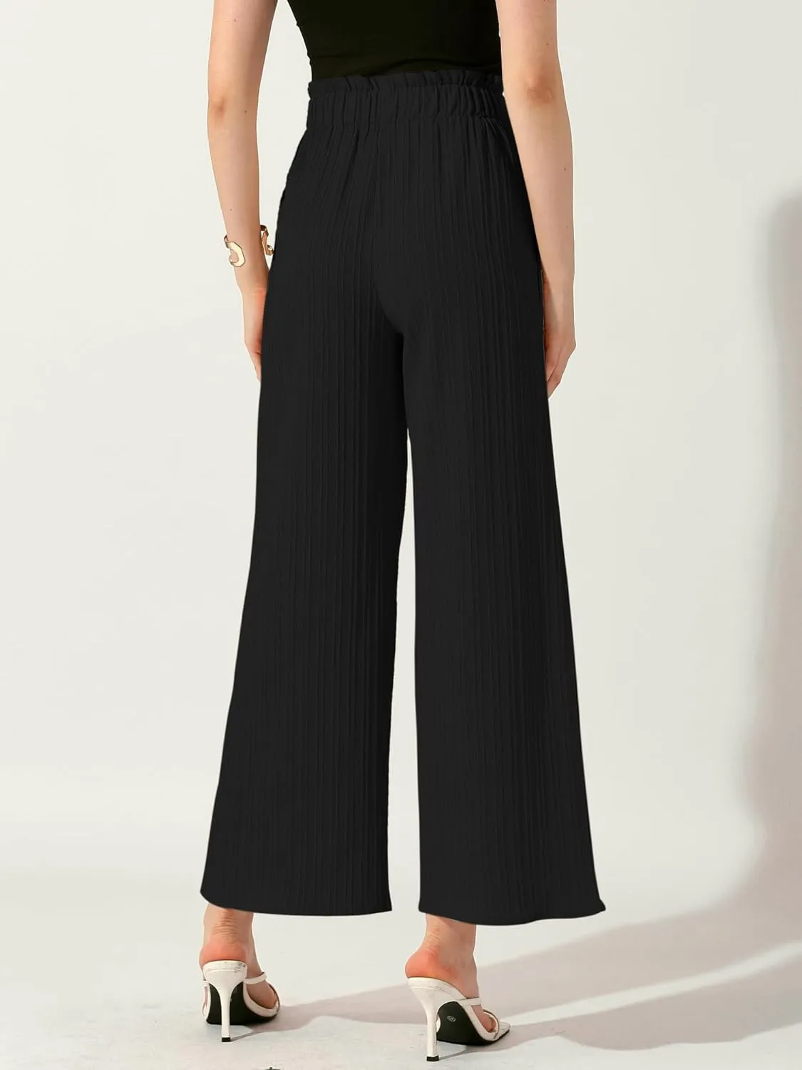 Allegra K Women's Casual Office Wide Leg Pants Elastic Waist Tie Knot Pleated Trouser with Pockets