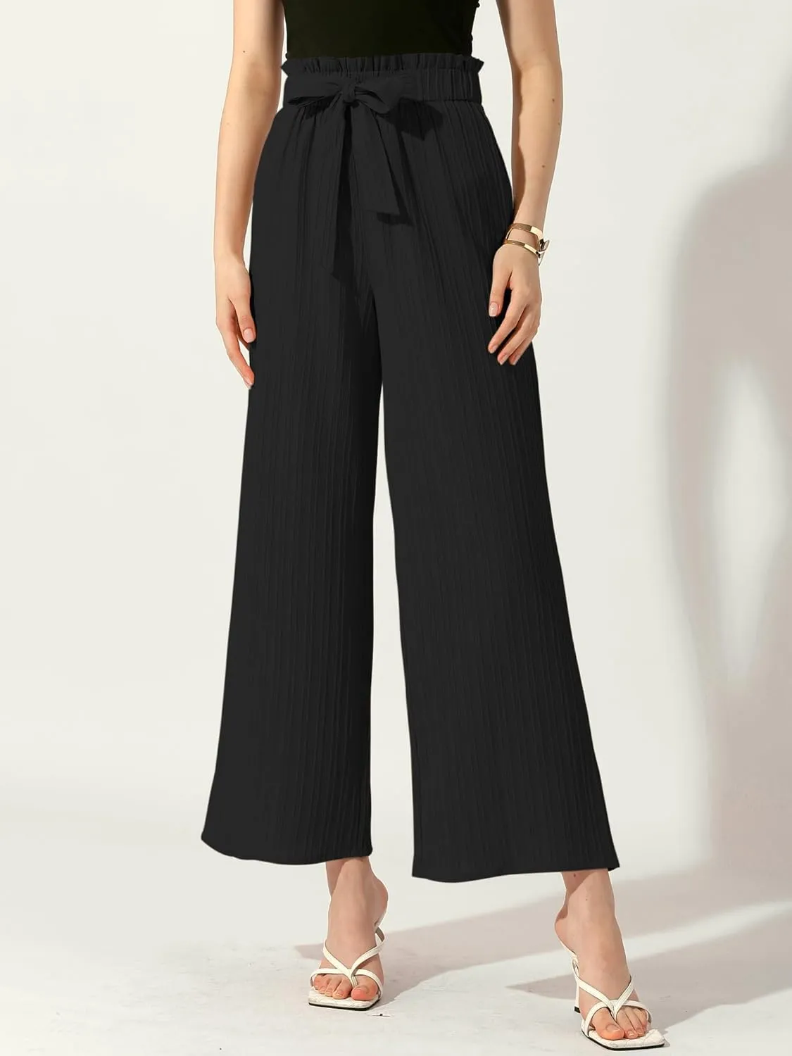 Allegra K Women's Casual Office Wide Leg Pants Elastic Waist Tie Knot Pleated Trouser with Pockets