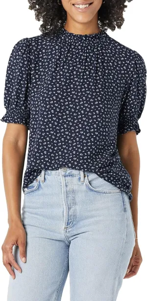 Amazon Essentials Women's Fluid Twill Short Puff Sleeve Smock Detail Shirt