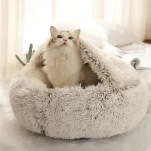 Anniepaw Long Plush 2-in-1 Warm Pet Bed Round Cushion for Cats Dogs Winter Nest
