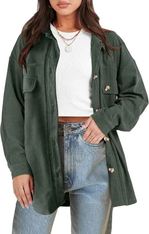 ANRABESS Womens Corduroy Shacket Button Down Shirts Oversized Long Sleeve Casual Cardigan Jacket 2025 Fall Fashion Clothes