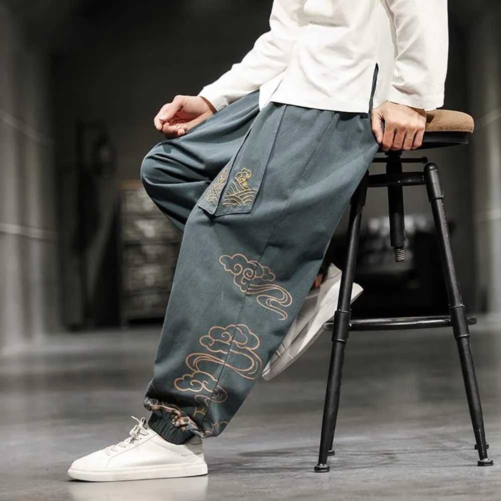 Aoleaky Chinese Style Retro Auspicious Clouds Print Pants, Autumn Fashion Clothes, Loose Casual Harem Pants