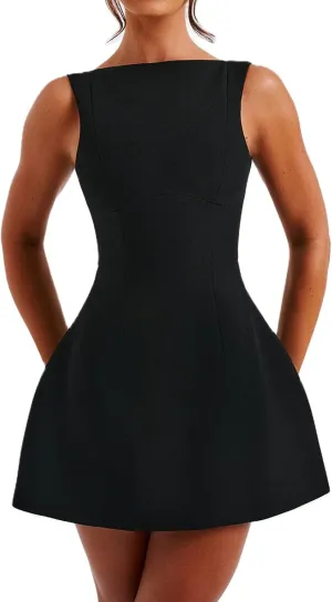 Aopwsrlyi Women's Square Neck Cap Sleeve Mini Dress Sleeveless Back Zipper A Line Party Club Dresses