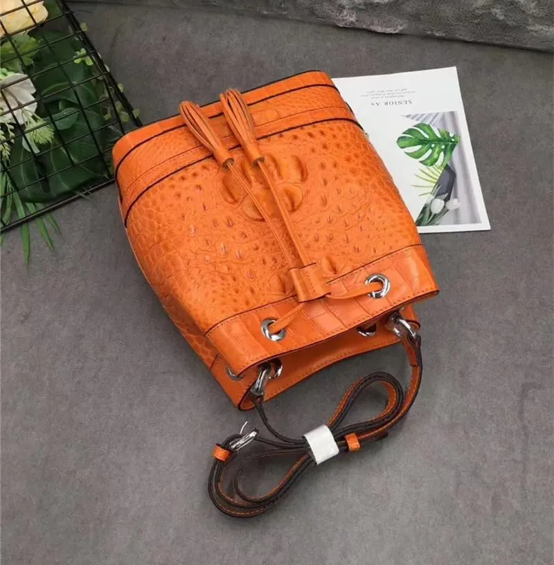Authentic Crocodile Skin Drawstring Closure Women's White Bucket Purse Exotic Alligator Leather Lady Small Tassel ShoulderBag