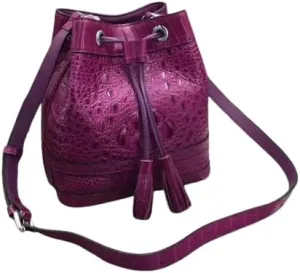 Authentic Crocodile Skin Drawstring Closure Women's White Bucket Purse Exotic Alligator Leather Lady Small Tassel ShoulderBag