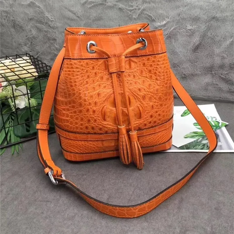Authentic Crocodile Skin Drawstring Closure Women's White Bucket Purse Exotic Alligator Leather Lady Small Tassel ShoulderBag