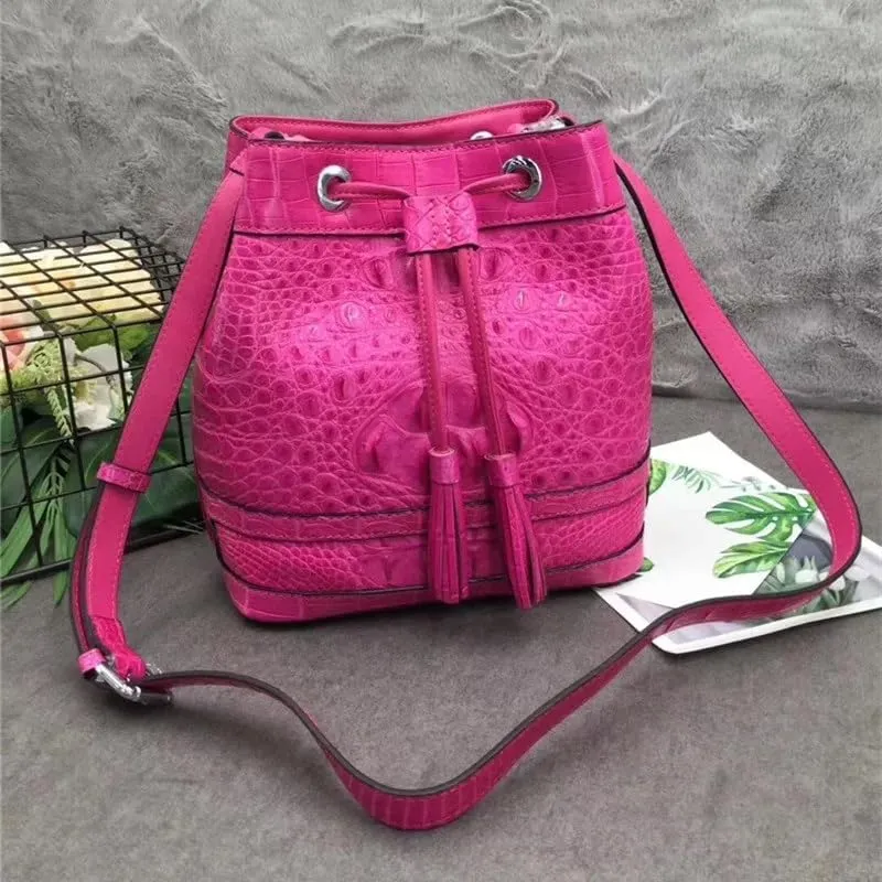 Authentic Crocodile Skin Drawstring Closure Women's White Bucket Purse Exotic Alligator Leather Lady Small Tassel ShoulderBag