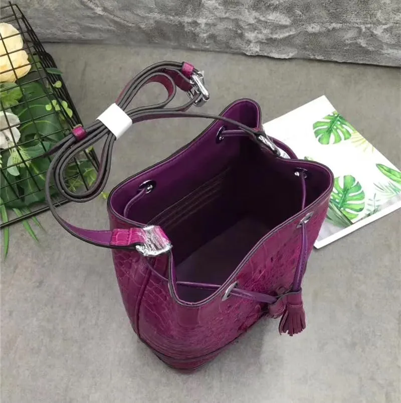 Authentic Crocodile Skin Drawstring Closure Women's White Bucket Purse Exotic Alligator Leather Lady Small Tassel ShoulderBag