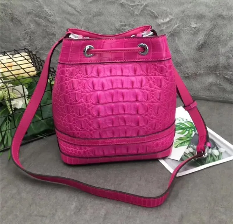 Authentic Crocodile Skin Drawstring Closure Women's White Bucket Purse Exotic Alligator Leather Lady Small Tassel ShoulderBag