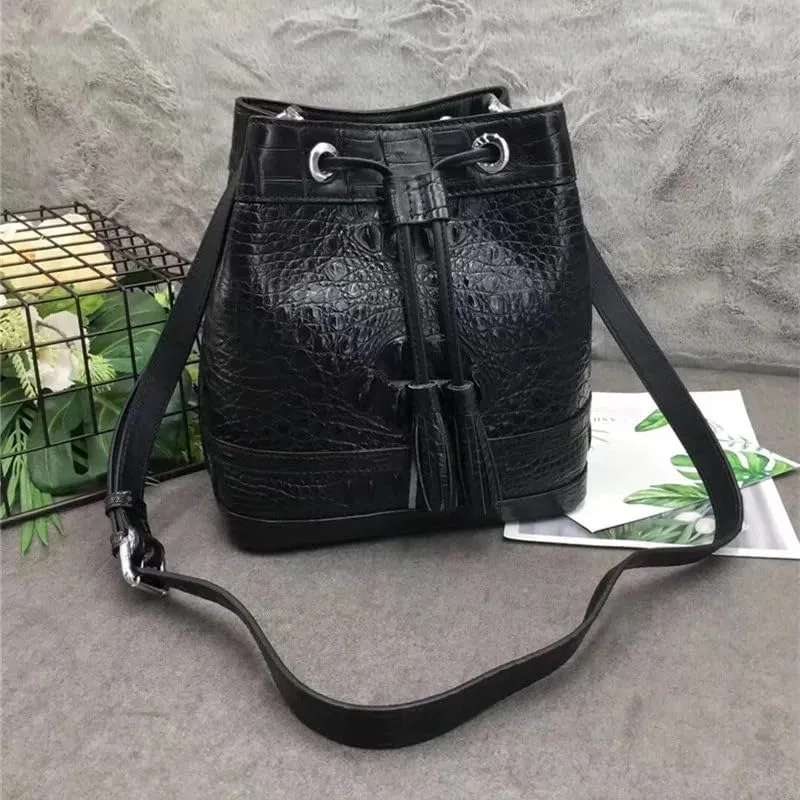 Authentic Crocodile Skin Drawstring Closure Women's White Bucket Purse Exotic Alligator Leather Lady Small Tassel ShoulderBag
