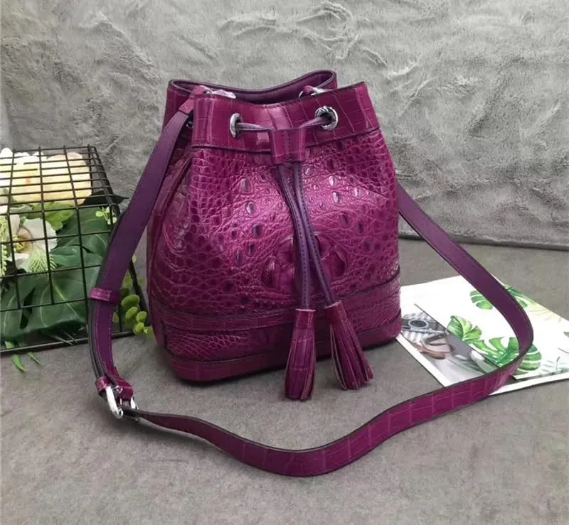 Authentic Crocodile Skin Drawstring Closure Women's White Bucket Purse Exotic Alligator Leather Lady Small Tassel ShoulderBag