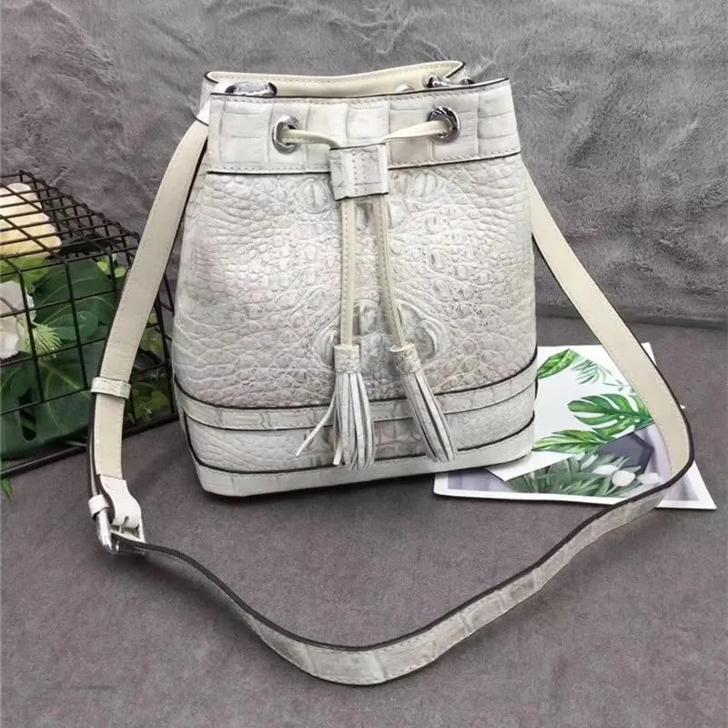 Authentic Crocodile Skin Drawstring Closure Women's White Bucket Purse Exotic Alligator Leather Lady Small Tassel ShoulderBag