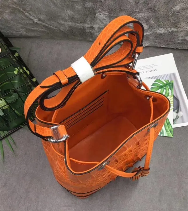 Authentic Crocodile Skin Drawstring Closure Women's White Bucket Purse Exotic Alligator Leather Lady Small Tassel ShoulderBag