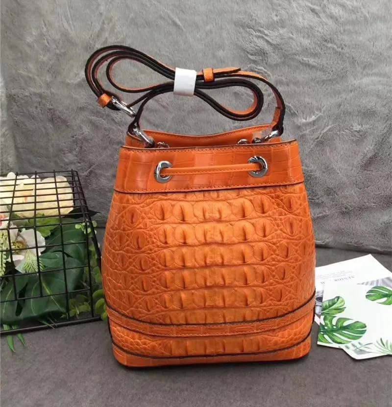 Authentic Crocodile Skin Drawstring Closure Women's White Bucket Purse Exotic Alligator Leather Lady Small Tassel ShoulderBag
