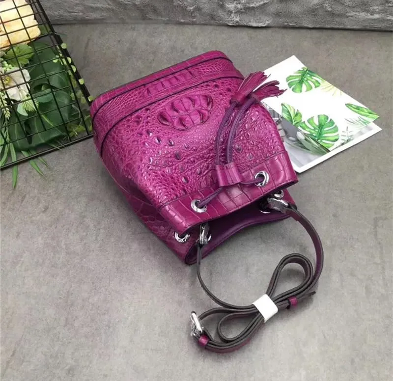 Authentic Crocodile Skin Drawstring Closure Women's White Bucket Purse Exotic Alligator Leather Lady Small Tassel ShoulderBag