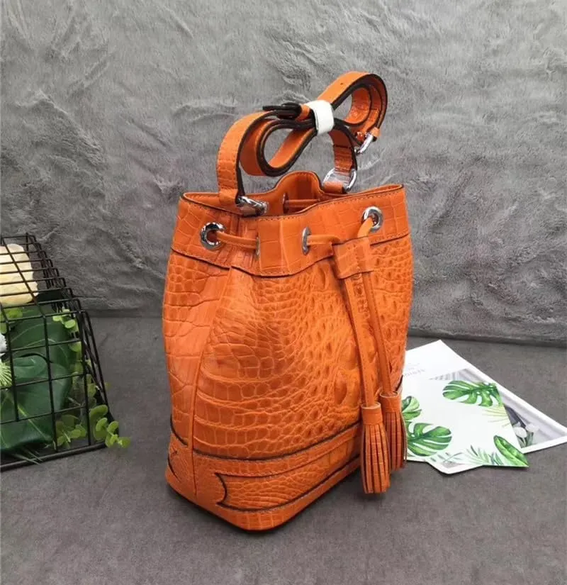 Authentic Crocodile Skin Drawstring Closure Women's White Bucket Purse Exotic Alligator Leather Lady Small Tassel ShoulderBag