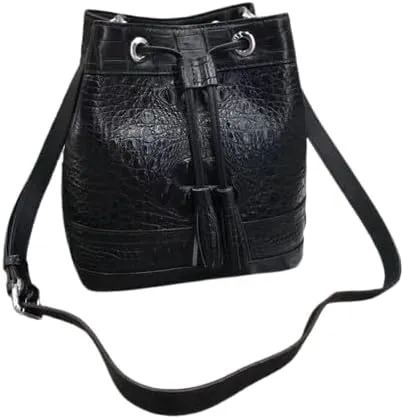 Authentic Crocodile Skin Drawstring Closure Women's White Bucket Purse Exotic Alligator Leather Lady Small Tassel ShoulderBag