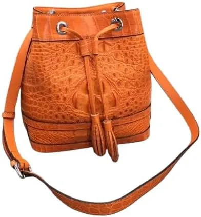 Authentic Crocodile Skin Drawstring Closure Women's White Bucket Purse Exotic Alligator Leather Lady Small Tassel ShoulderBag
