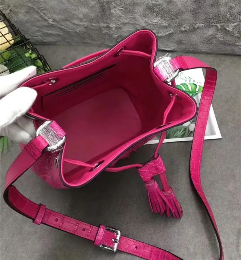 Authentic Crocodile Skin Drawstring Closure Women's White Bucket Purse Exotic Alligator Leather Lady Small Tassel ShoulderBag