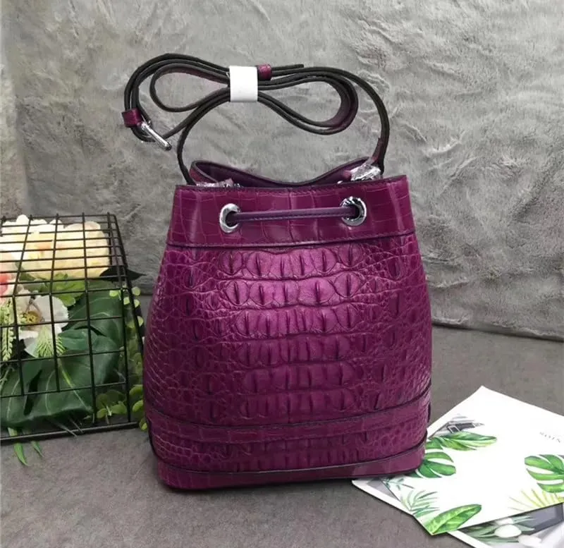 Authentic Crocodile Skin Drawstring Closure Women's White Bucket Purse Exotic Alligator Leather Lady Small Tassel ShoulderBag