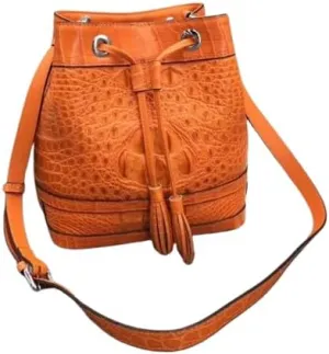 Authentic Crocodile Skin Drawstring Closure Women's White Bucket Purse Exotic Alligator Leather Lady Small Tassel ShoulderBag