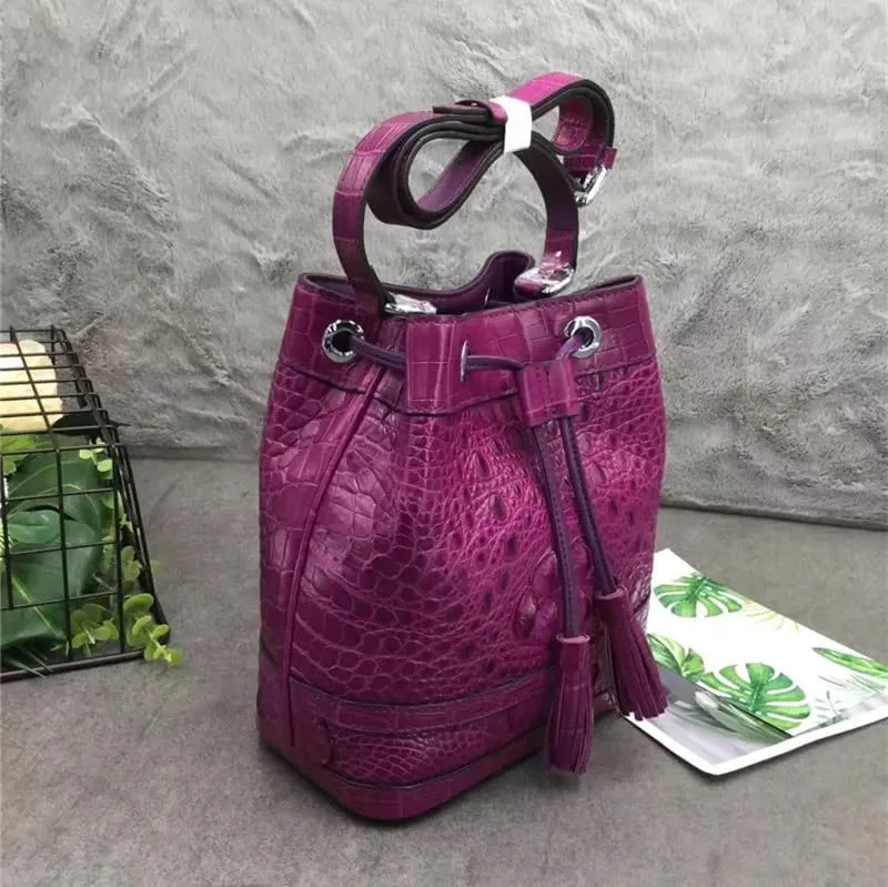 Authentic Crocodile Skin Drawstring Closure Women's White Bucket Purse Exotic Alligator Leather Lady Small Tassel ShoulderBag