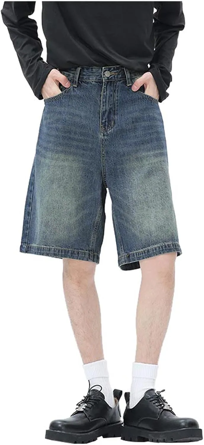 Baggy Jean Shorts for Men Jorts Casual Loose Fit Long Denim Shorts Wide Leg Y2K Hip Hop Trendy Outfits