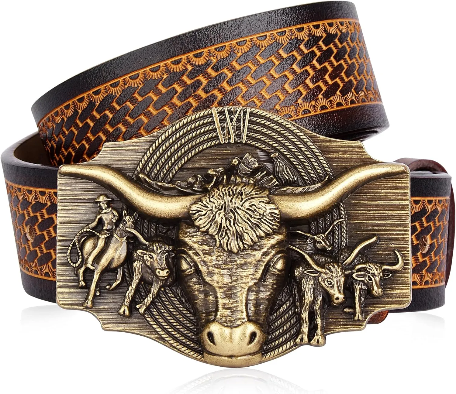 BISON DENIM Western Leather Belt for Men Women Cowboy Cowgirl Mens Buckle Belt for Jeans, Country Belt, Ideal Men's Gifts