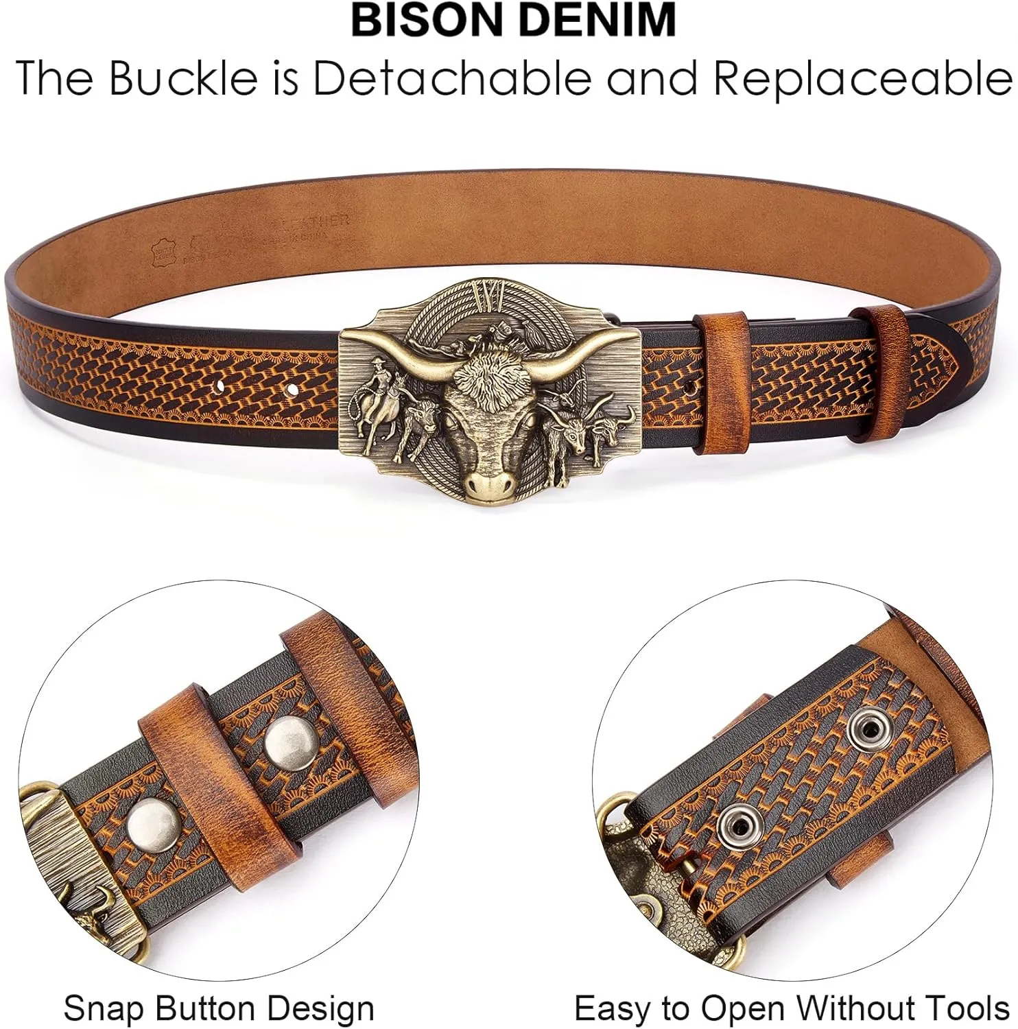 BISON DENIM Western Leather Belt for Men Women Cowboy Cowgirl Mens Buckle Belt for Jeans, Country Belt, Ideal Men's Gifts