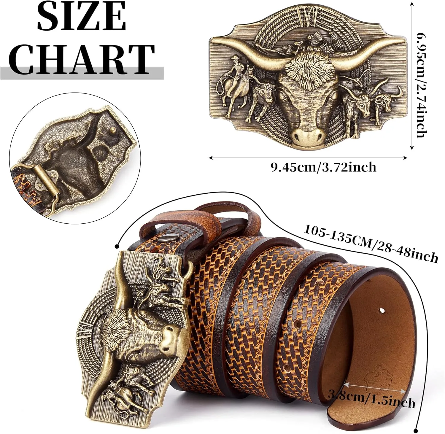 BISON DENIM Western Leather Belt for Men Women Cowboy Cowgirl Mens Buckle Belt for Jeans, Country Belt, Ideal Men's Gifts