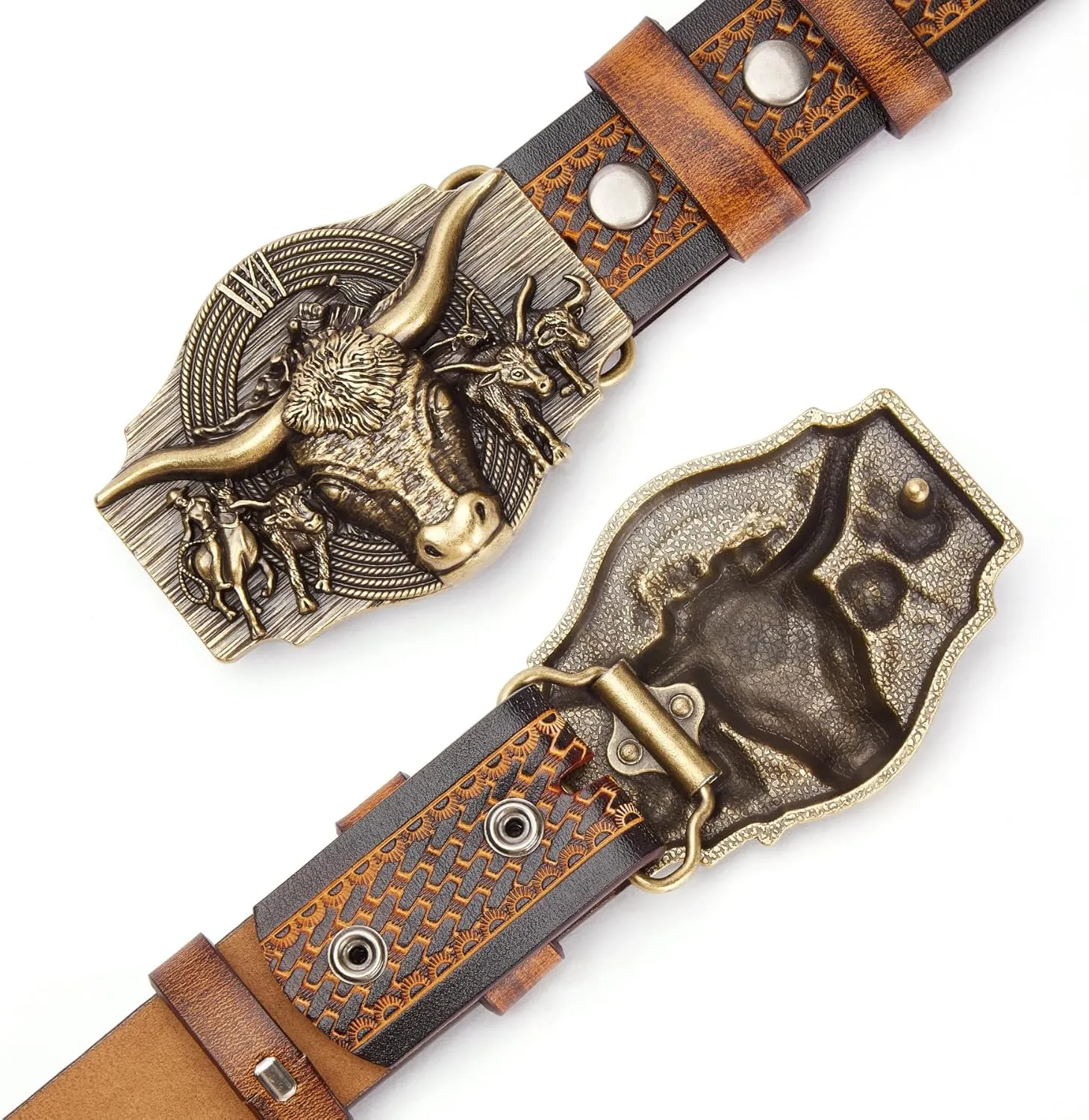 BISON DENIM Western Leather Belt for Men Women Cowboy Cowgirl Mens Buckle Belt for Jeans, Country Belt, Ideal Men's Gifts