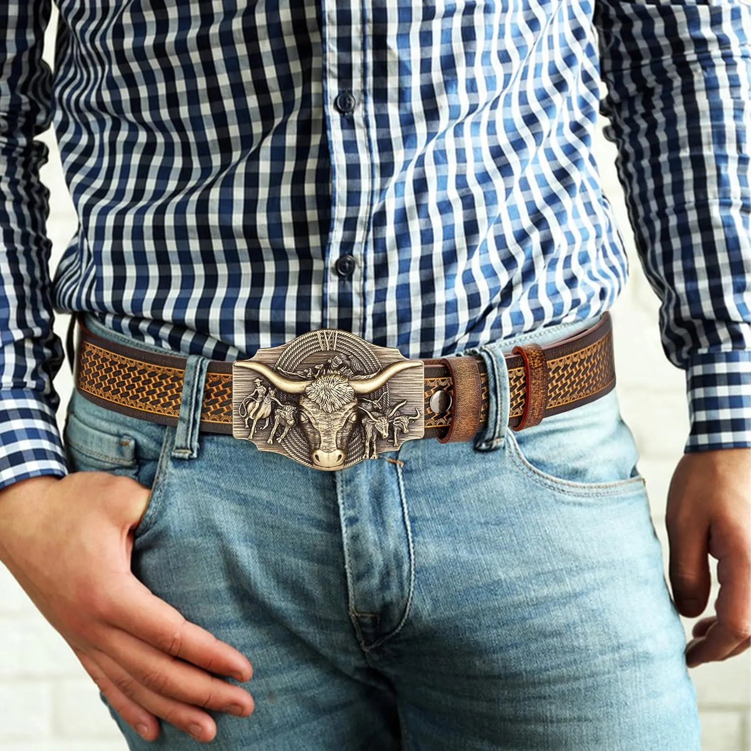 BISON DENIM Western Leather Belt for Men Women Cowboy Cowgirl Mens Buckle Belt for Jeans, Country Belt, Ideal Men's Gifts