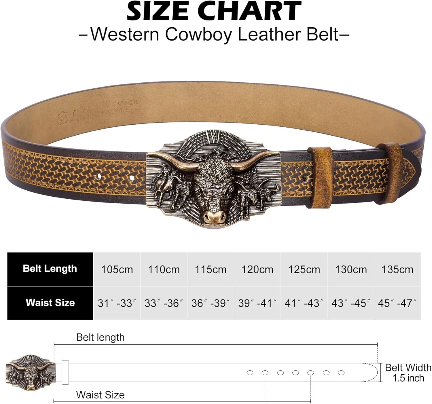 BISON DENIM Western Leather Belt for Men Women Cowboy Cowgirl Mens Buckle Belt for Jeans, Country Belt, Ideal Men's Gifts